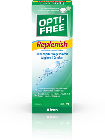 Das Bild zeigt das Pflegemittel OPTI-FREE Replenish von Alcon.